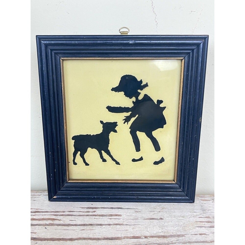 Vintage Silhouette Framed Picture Titled “Playful Lamb” A Girl And Her Lamb 6”